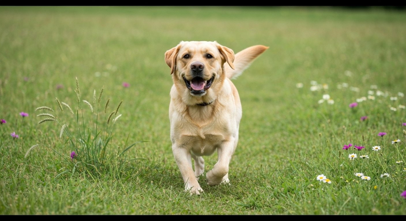 Cão feliz brincando em um quintal espaçoso, simbolizando a liberdade e bem-estar animal.