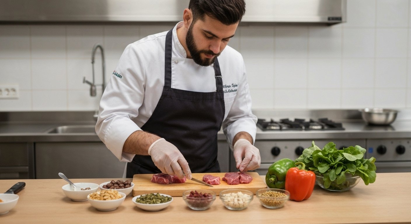 Chef preparando comida crua natural e balanceada para cães com ingredientes frescos.