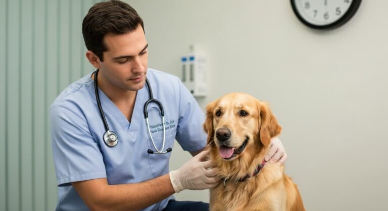 Veterinário examinando a pelagem de um cão golden retriever para avaliar a necessidade de tosa.
