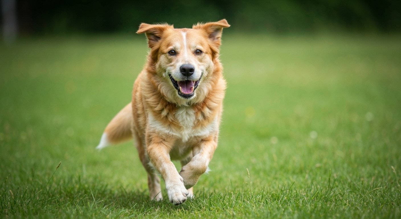 Urso, um cão idoso de três patas, correndo em um gramado com um sorriso no rosto, demonstrando alegria e vitalidade.