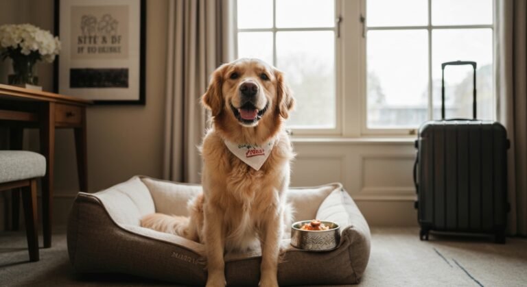 Golden retriever feliz em cama de hotel boutique com serviços para pets.
