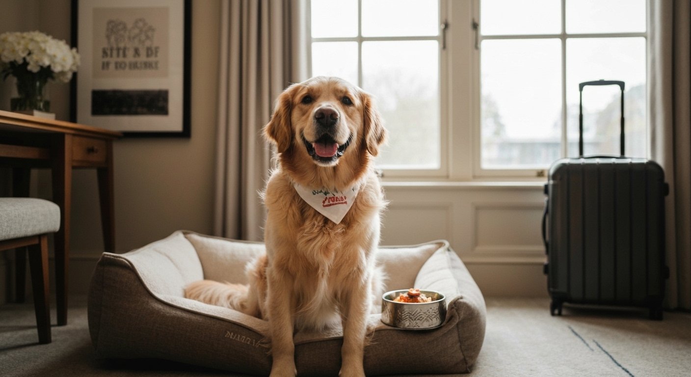 Golden retriever feliz em cama de hotel boutique com serviços para pets.