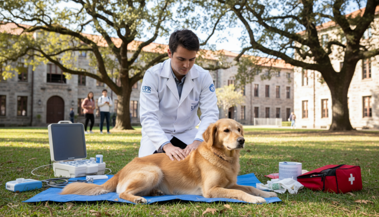 Estudante de veterinária da UFPR examina cão comunitário no campus