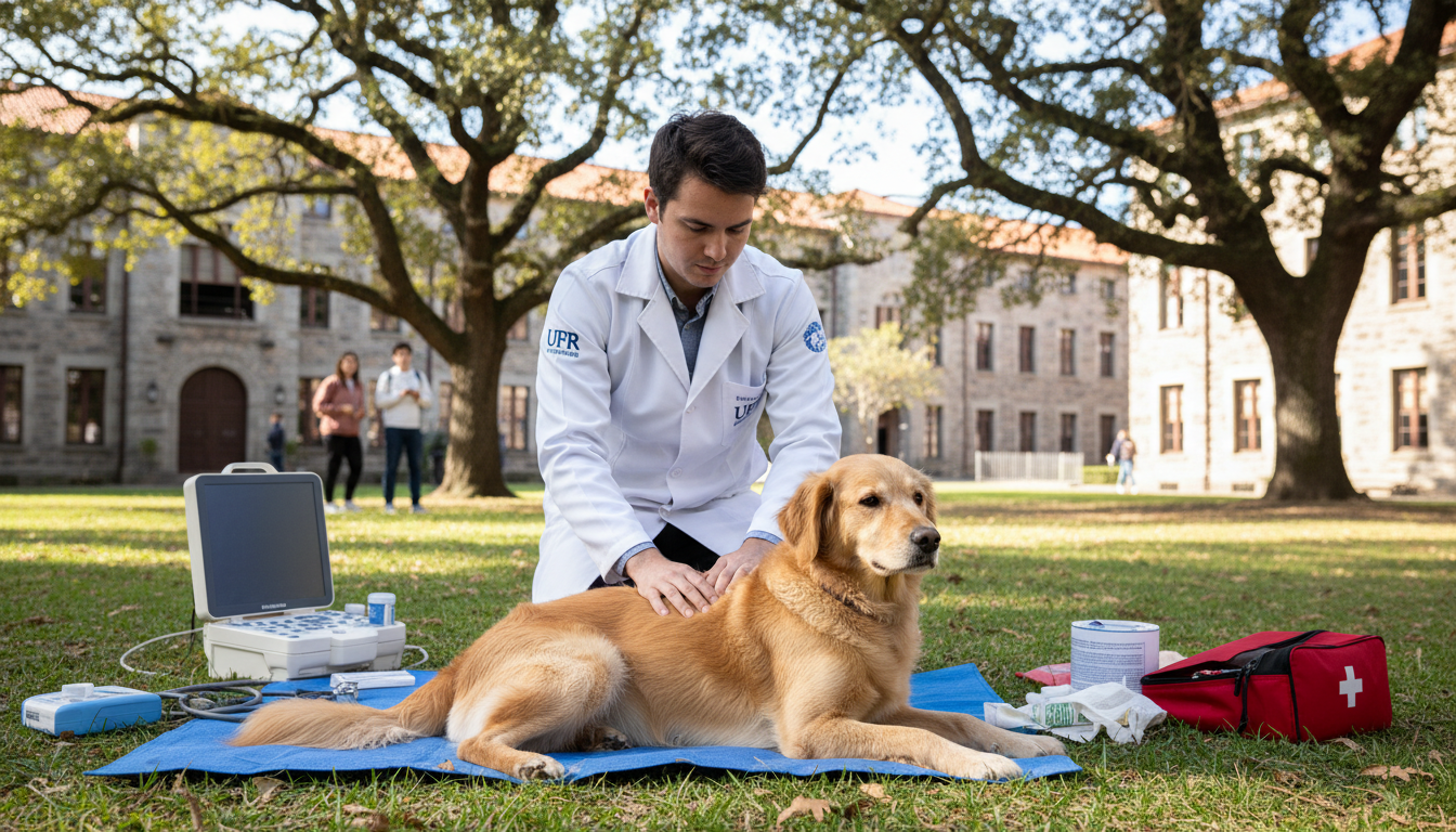 Estudante de veterinária da UFPR examina cão comunitário no campus