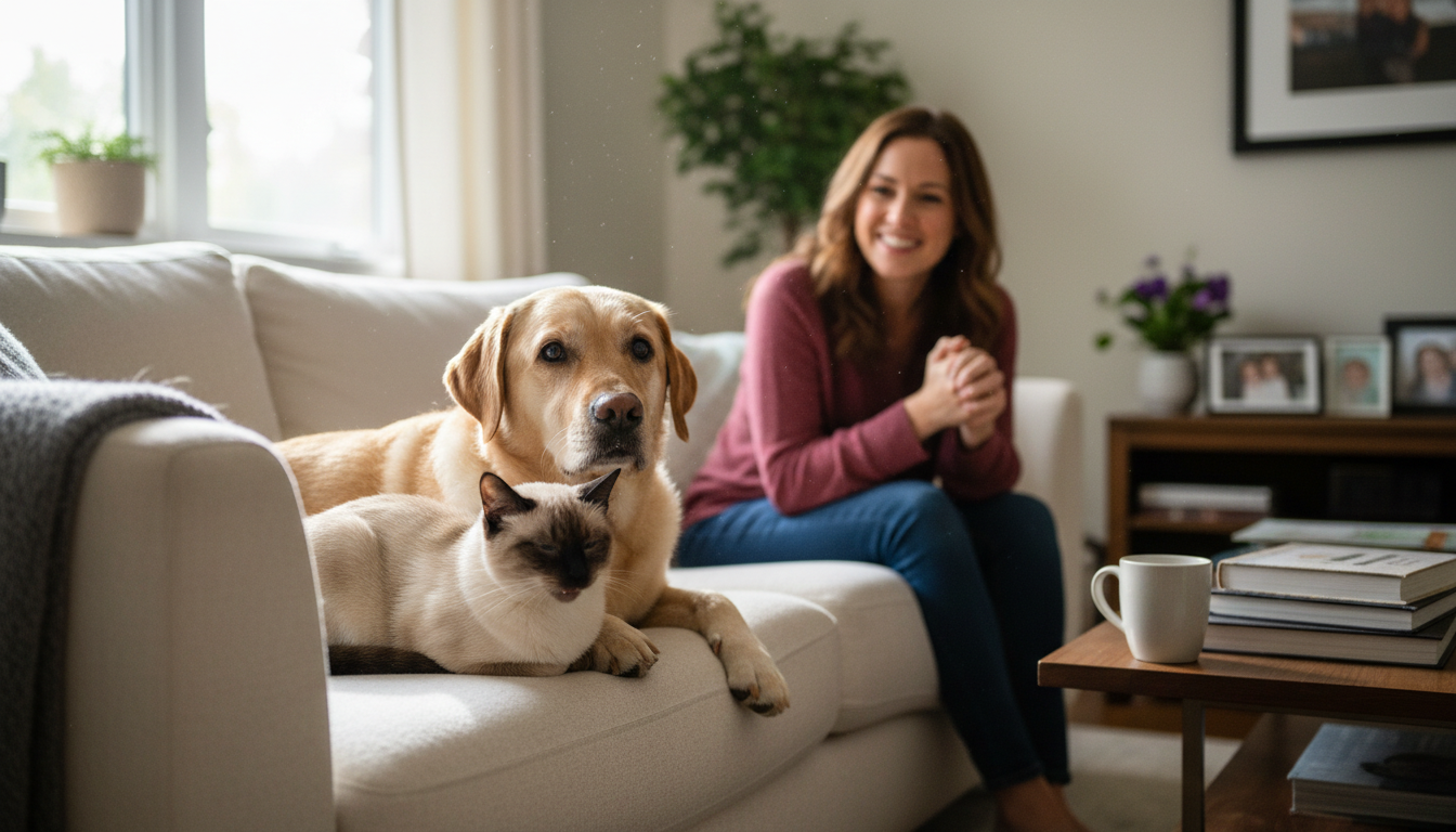 Cão e gato em um sofá com o tutor ao fundo, simbolizando cuidado e plano de saúde pet.