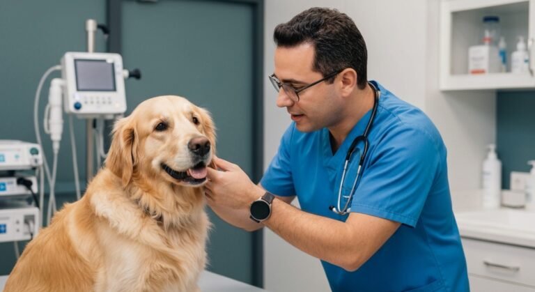 Veterinário examinando um cão Golden Retriever em clínica