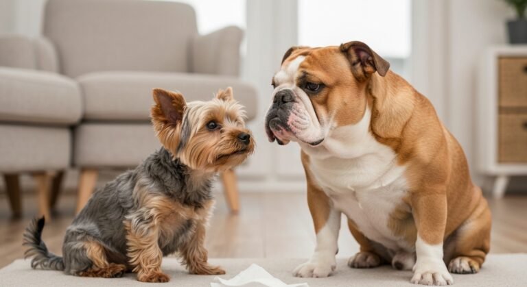 Filhote e cão adulto em treinamento sanitário bem-sucedido