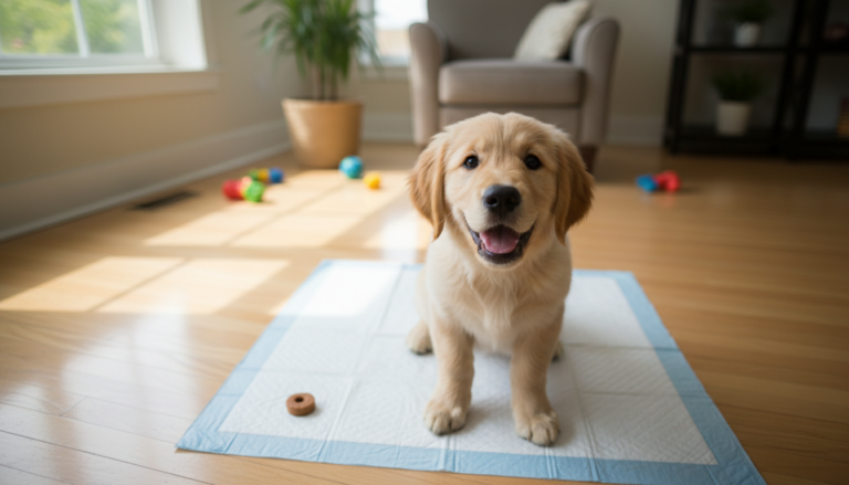 Cão deitado calmamente sobre um tapete higiênico, com um tutor por perto, reforçando o adestramento positivo.