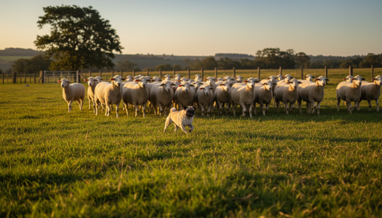 Pug Bolota pastoreando ovelhas em um rancho no interior de São Paulo.