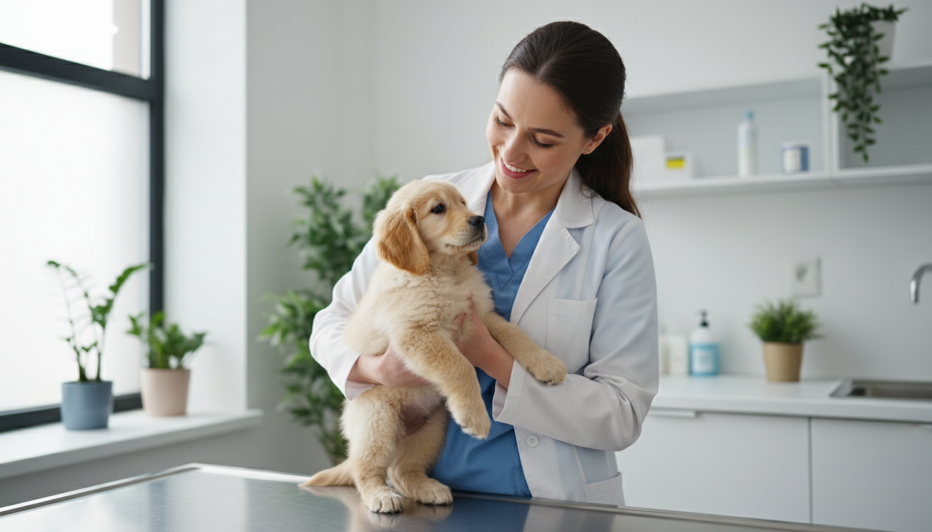 Veterinário examinando um cão filhote