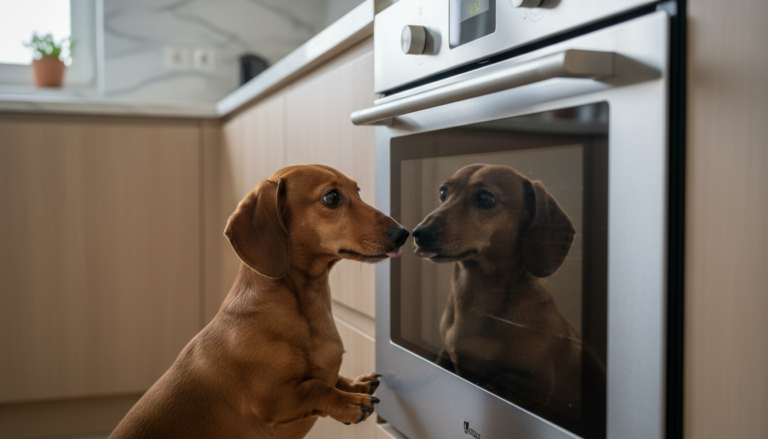 Cachorro salsicha lambendo o próprio reflexo no vidro do fogão