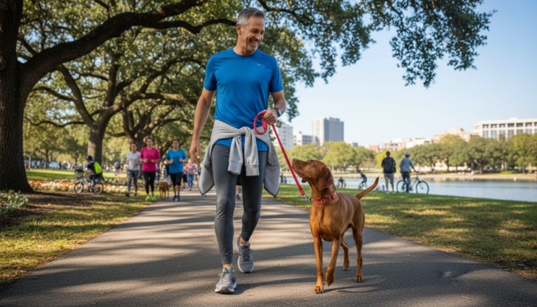 Homem passeando com seu cachorro vizsla em um parque, sorrindo e demonstrando interação ativa.