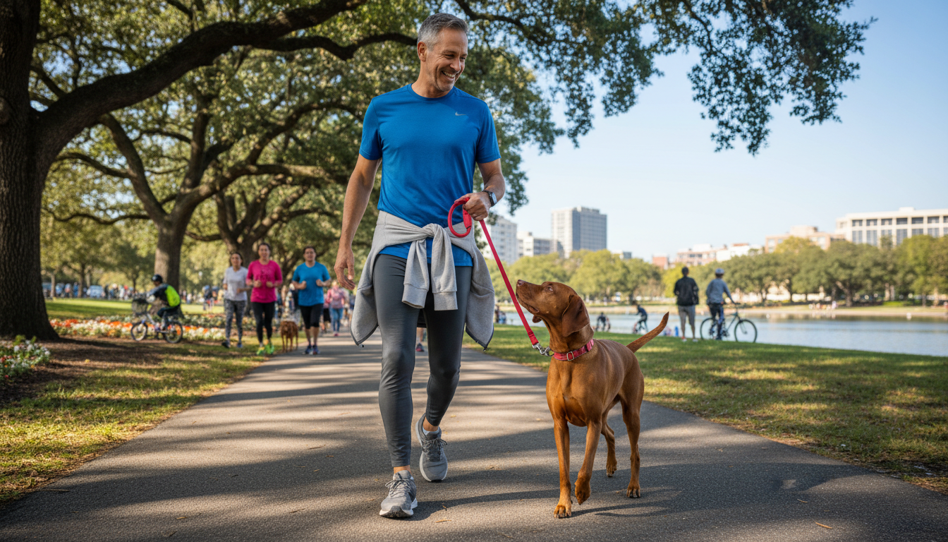 Homem passeando com seu cachorro vizsla em um parque, sorrindo e demonstrando interação ativa.