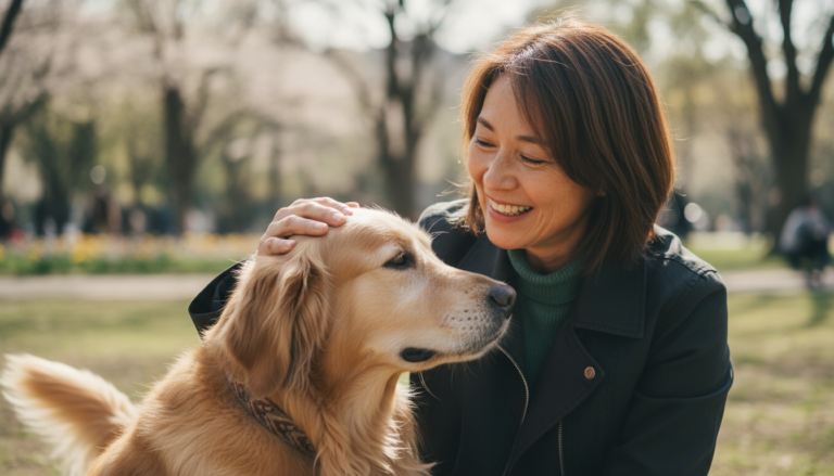Pessoa acariciando um cachorro golden retriever no parque, transmitindo felicidade e bem-estar.