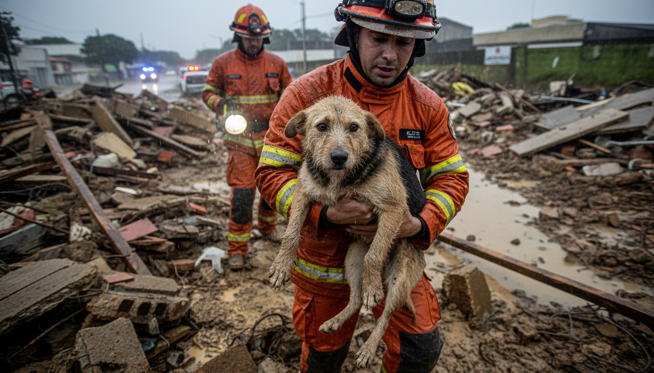 Cão resgatado de escombros em Juiz de Fora após chuvas intensas.