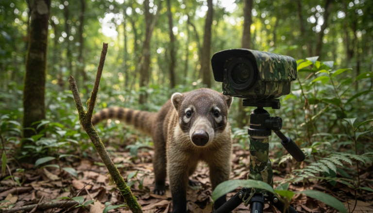 Quati curioso olha para câmera de monitoramento em floresta