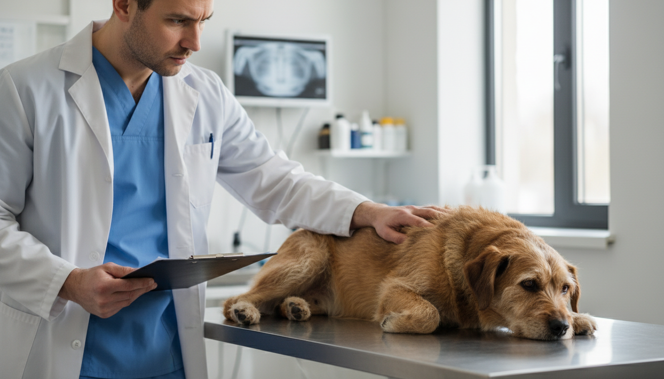 Veterinário examinando um cão apático que parou de comer.
