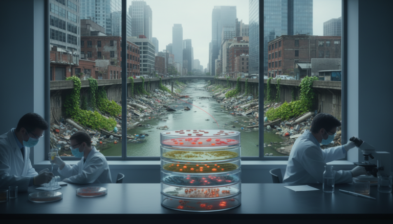 Cientista analisando placas de Petri em laboratório, com imagem de rio urbano poluído ao fundo, simbolizando a disseminação de bactérias multirresistentes