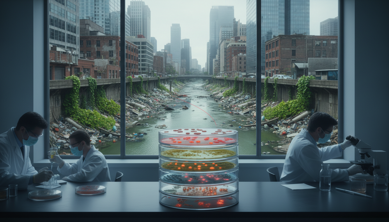 Cientista analisando placas de Petri em laboratório, com imagem de rio urbano poluído ao fundo, simbolizando a disseminação de bactérias multirresistentes