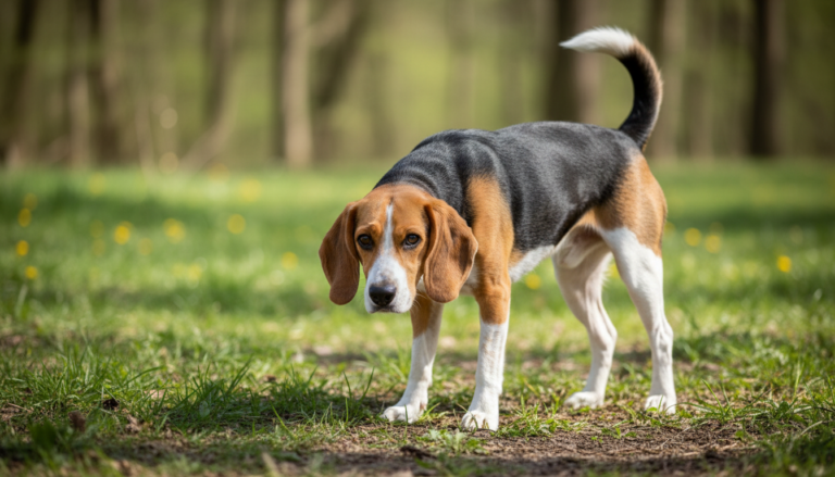 Cachorro beagle harrier em ambiente externo, atento e com pelagem tricolor.
