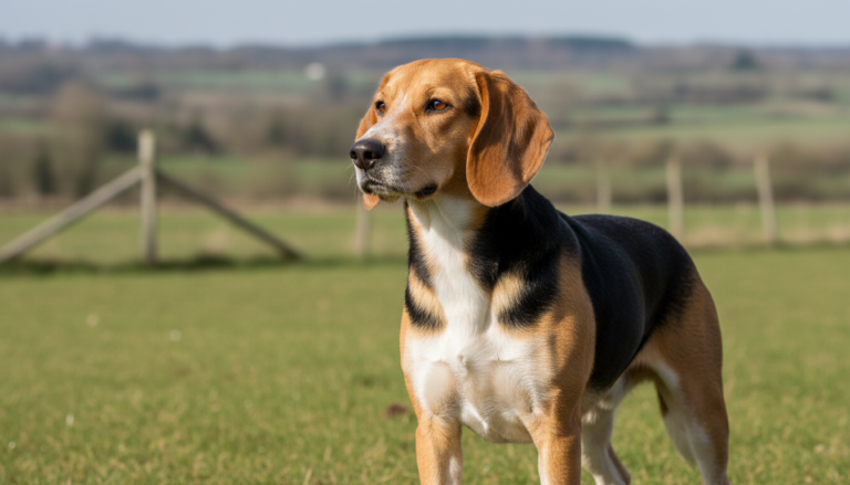 Beagle harrier de pelagem tricolor em um campo, com expressão atenta.