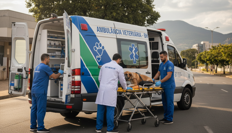 Ambulância veterinária em Belo Horizonte com equipe pronta para atendimento.