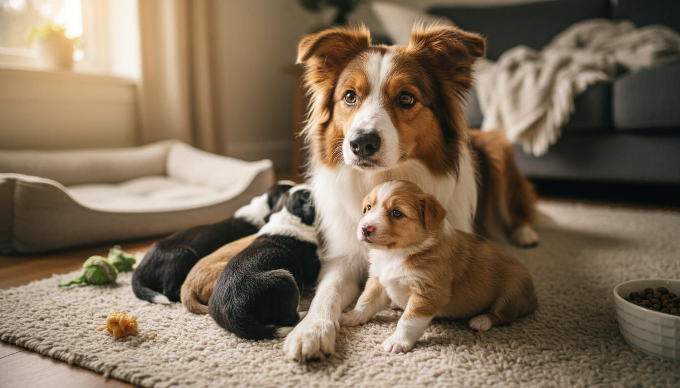 Border Collie mãe olhando para filhote com mistura de golden retriever e bernese, expressão de surpresa