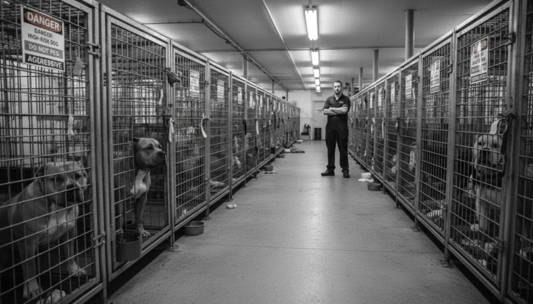Funcionário observa cães bully XL em gaiolas de um canil especializado.