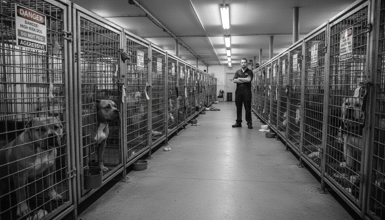 Funcionário observa cães bully XL em gaiolas de um canil especializado.