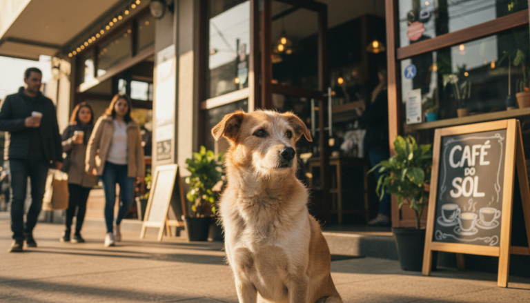 Cachorro de rua sentado em frente a uma cafeteria esperando ser atendido