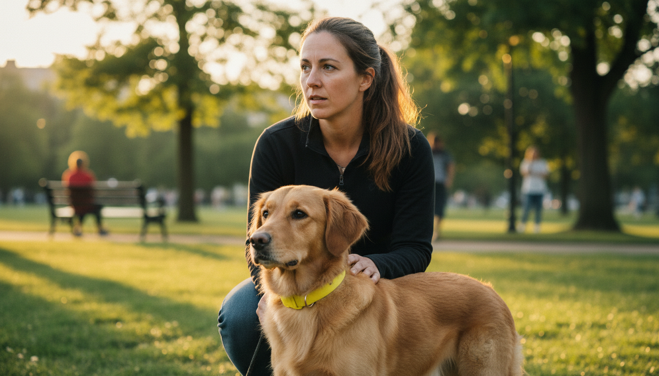 Cachorro com coleira amarela sendo mantido a uma distância segura por seu tutor em um parque.