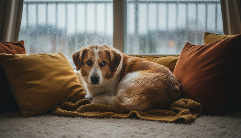 Cachorro encolhido em um local seguro durante uma tempestade de chuva