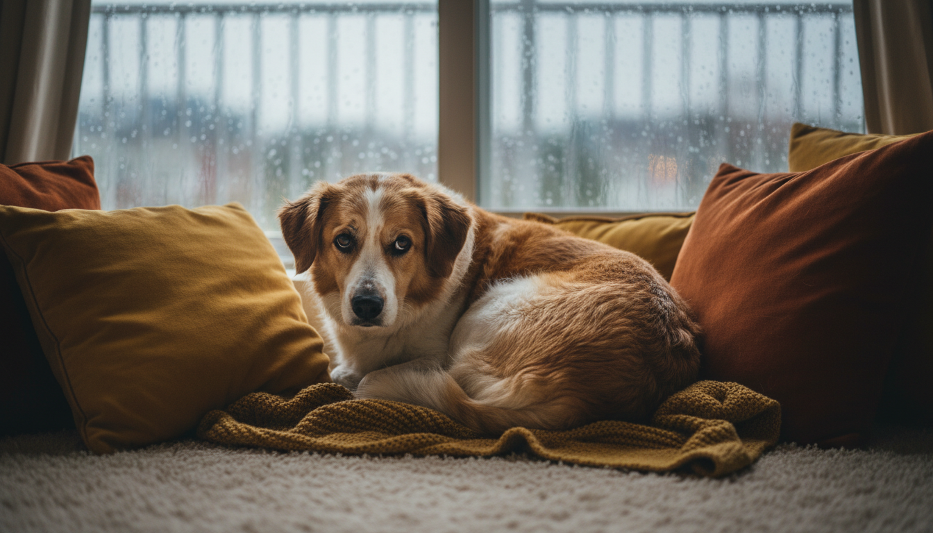 Cachorro encolhido em um local seguro durante uma tempestade de chuva
