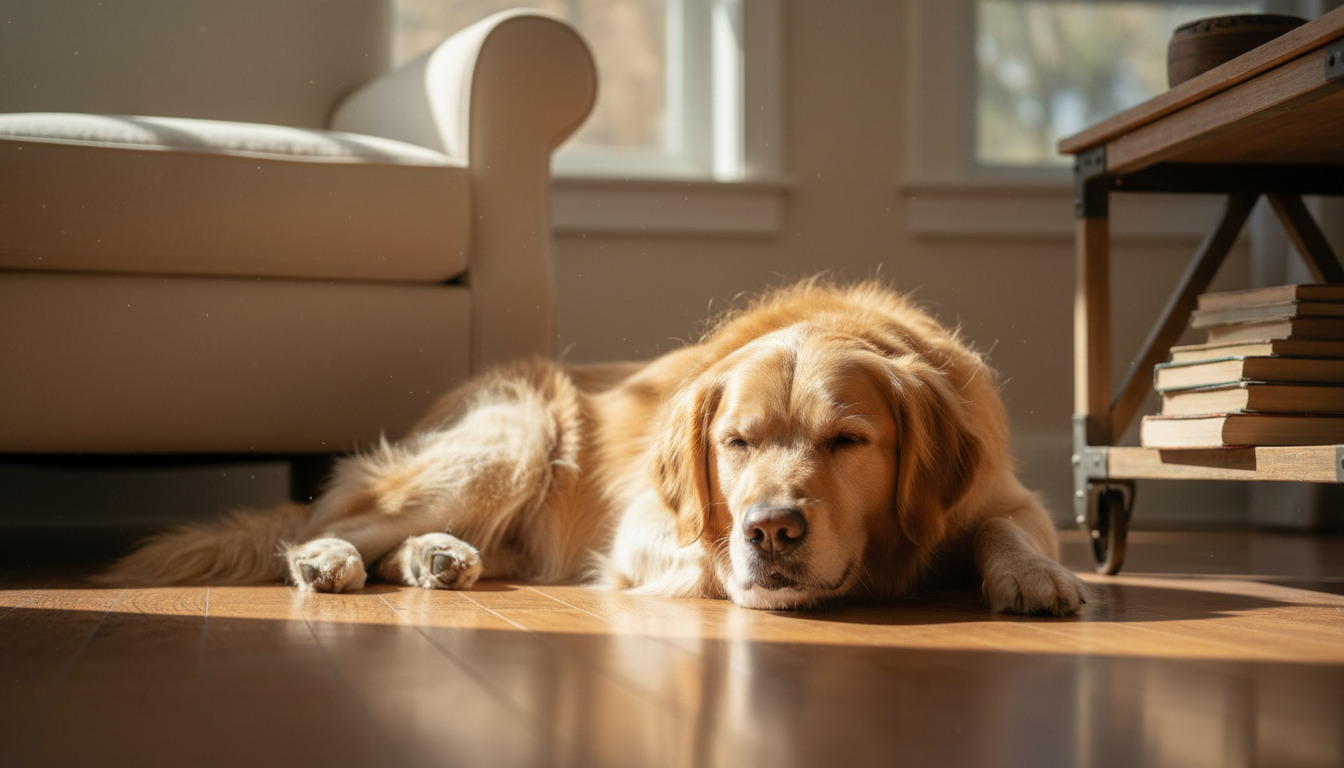 Cachorro golden retriever deitado tranquilamente em um raio de sol no chão da sala