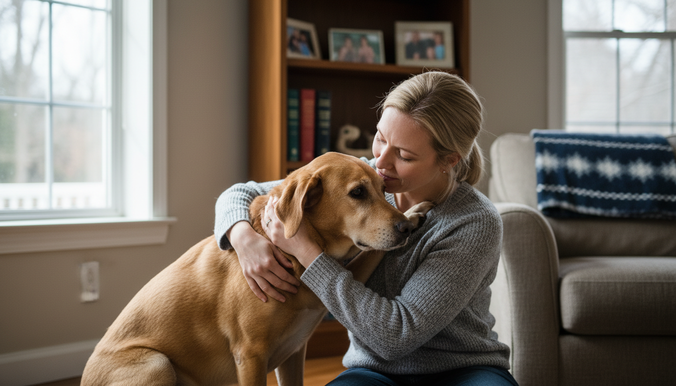 Mulher acaricia seu cachorro labrador em casa após ele a ajudar a detectar câncer.