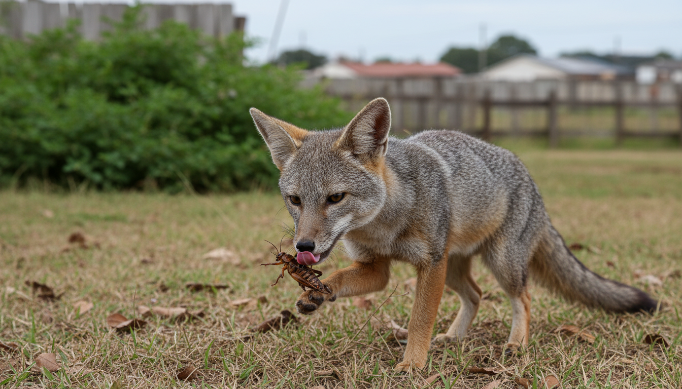 Cachorro-do-mato em contato com um inseto em ambiente natural, representando automedicação.