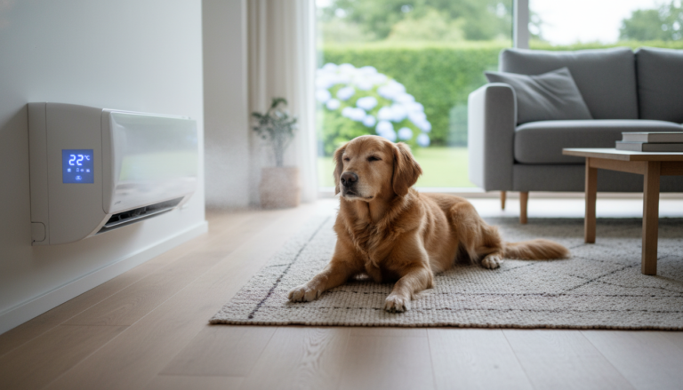 Cachorro deitado confortavelmente em frente ao ar-condicionado, ignorando o quintal.