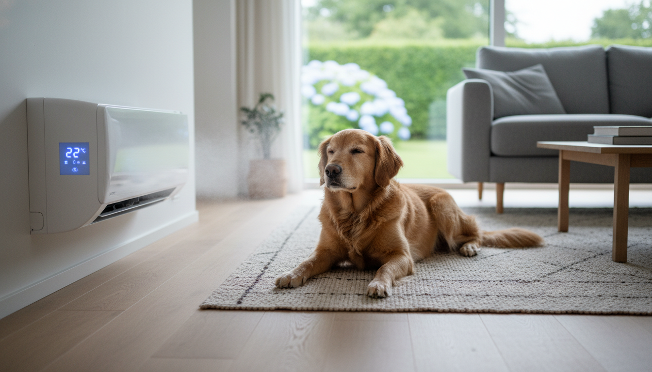 Cachorro deitado confortavelmente em frente ao ar-condicionado, ignorando o quintal.