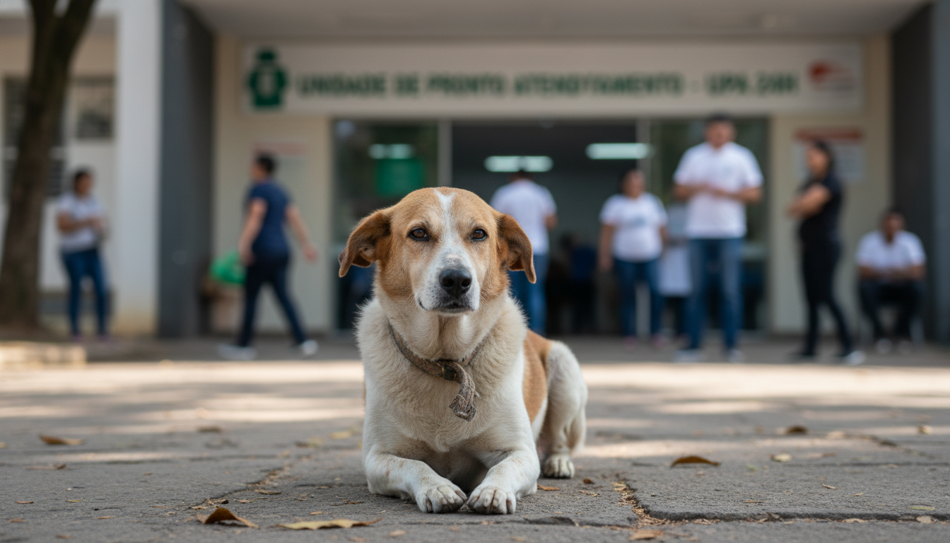 Cão Zeus espera na porta de uma UPA por seu tutor