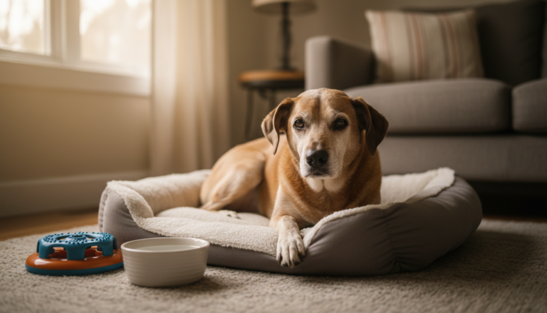 Cachorro idoso descansando em uma cama confortável, com sinais de envelhecimento visíveis