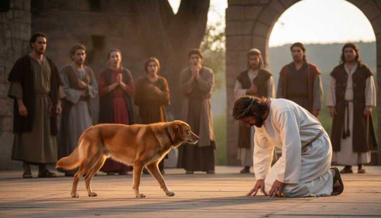 Cachorro invade palco e interage com ator de Jesus durante encenação da Paixão de Cristo em Sapiranga.