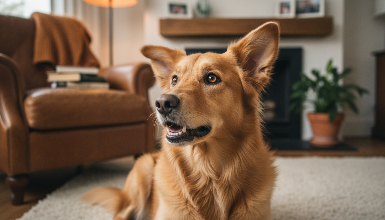 Cachorro com expressão atenta em ambiente doméstico.
