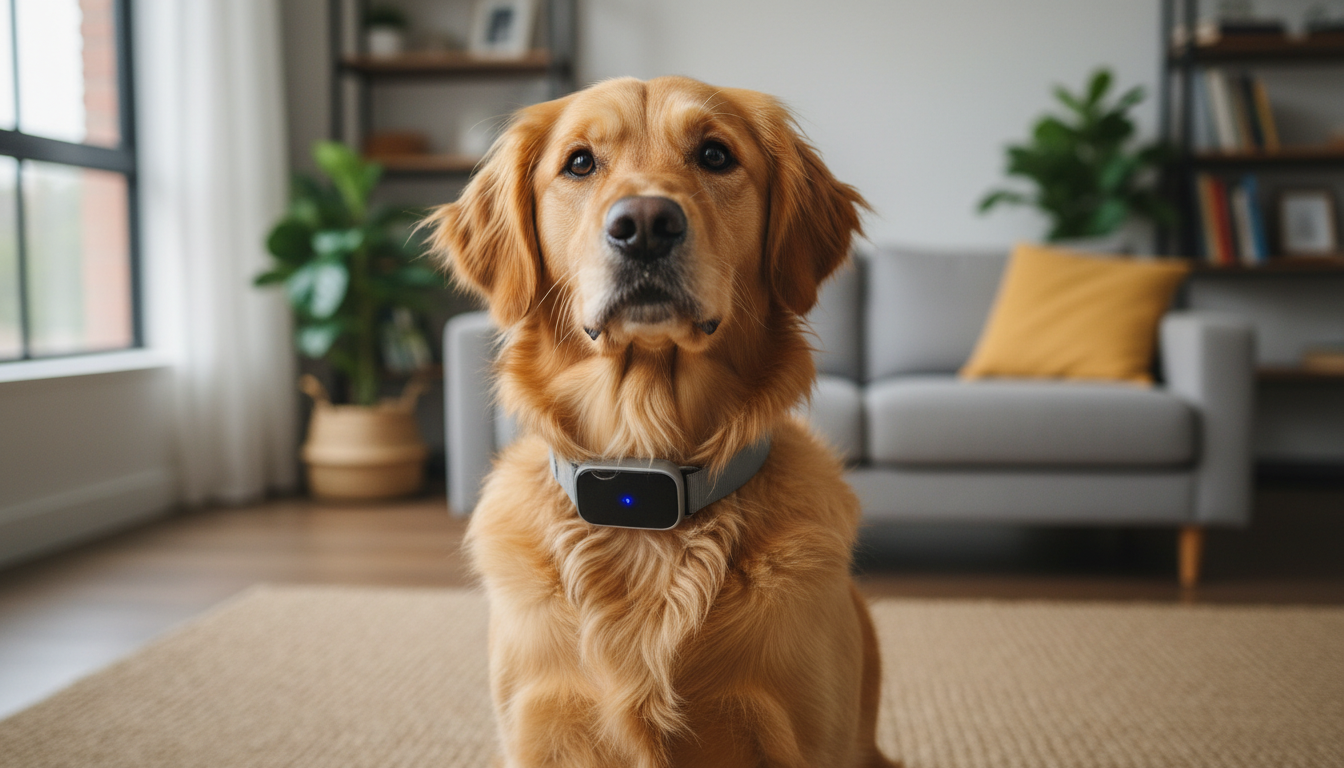 Cachorro usando coleira inteligente que permite ligar para o tutor