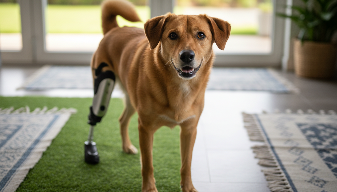 Cão Lindolfo com sua nova prótese demonstrando mobilidade em ambiente doméstico.
