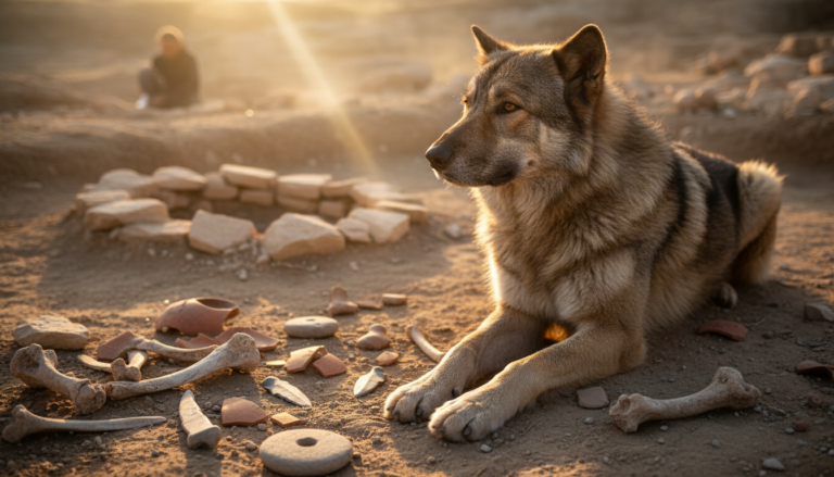Cão ancestral, o mais antigo do mundo, com 15.800 anos, em um sítio arqueológico na Turquia.