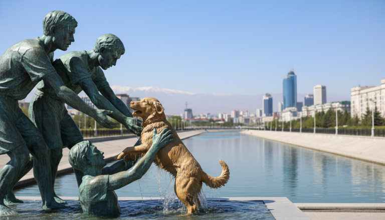 Estátua em Almaty celebra resgate heroico de cachorro por corrente humana