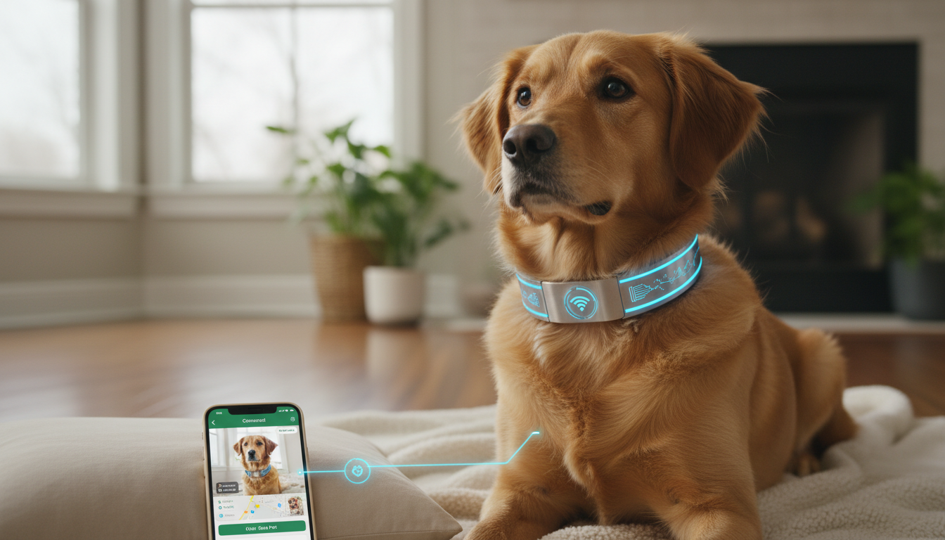 Cachorro com coleira PetPhone e um celular mostrando comunicação em tempo real