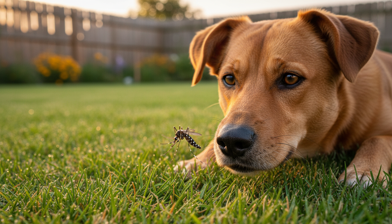 Cachorro atento a um mosquito Aedes aegypti, simbolizando o perigo da dirofilariose.