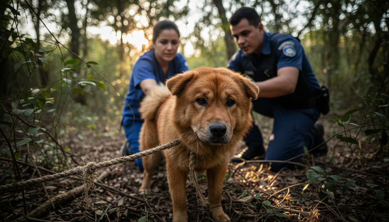 Cachorro Chow Chow caramelo sendo resgatado amarrado em matagal em Rio Claro.