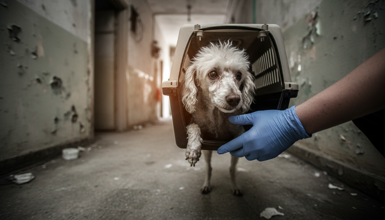Cachorro poodle resgatado em Vila Velha com sinais de maus-tratos.